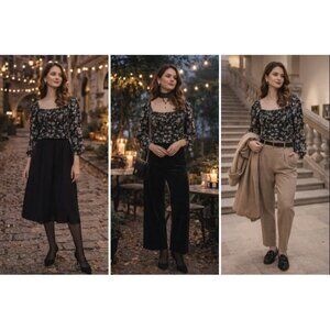 All In Favor Women’s Smocked Floral Blouse Black M Ruched Coquette Academia